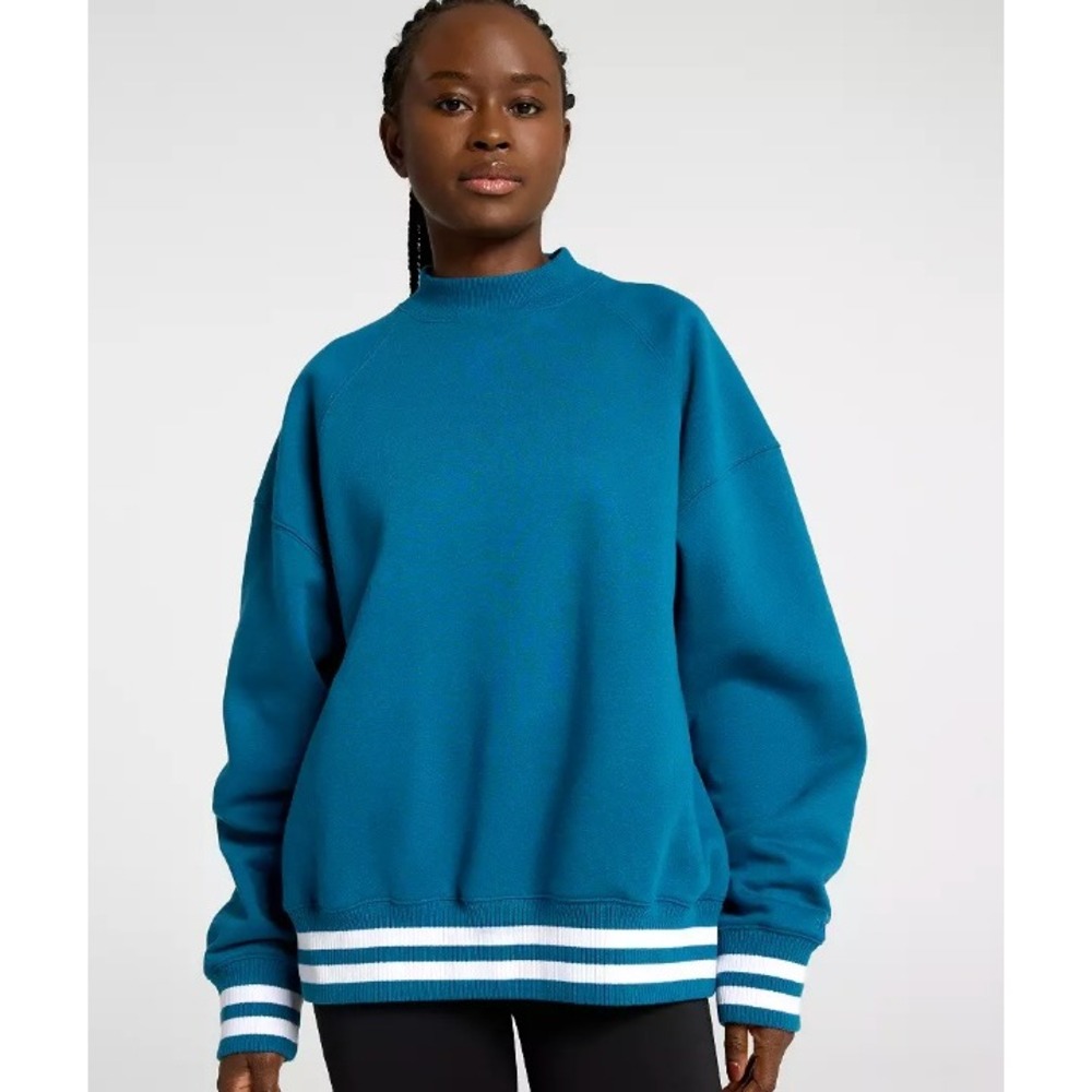 DSG Womens Classic Fleece Mockneck Sweatshirt Dark Teal Blue Striped Trim M